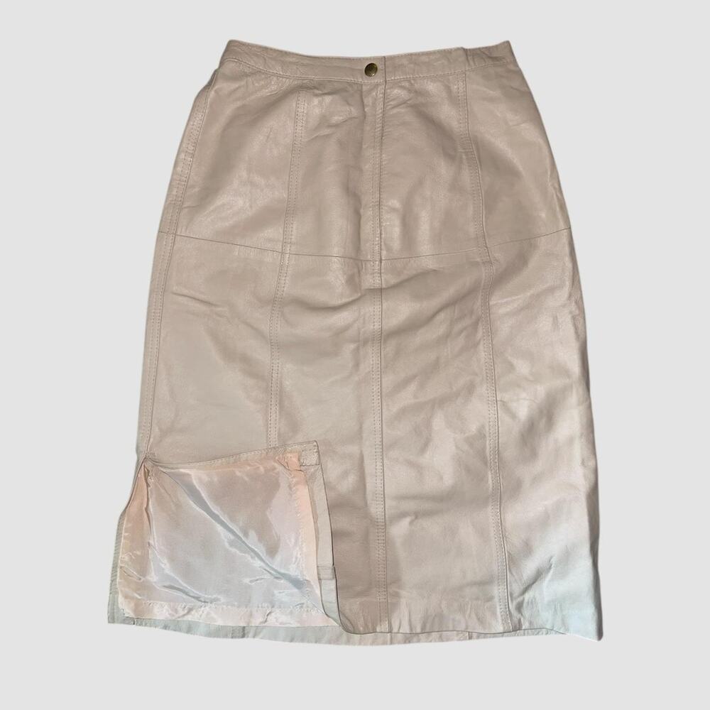 Vintage Cream leather midi skirt with zipper & button closure